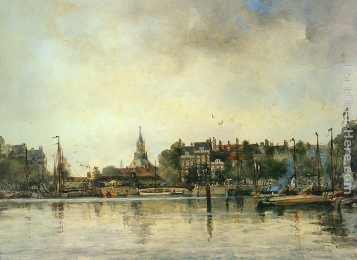 Johan Hendrik Van Mastenbroek A Townview with Moored Vessels along a Quay